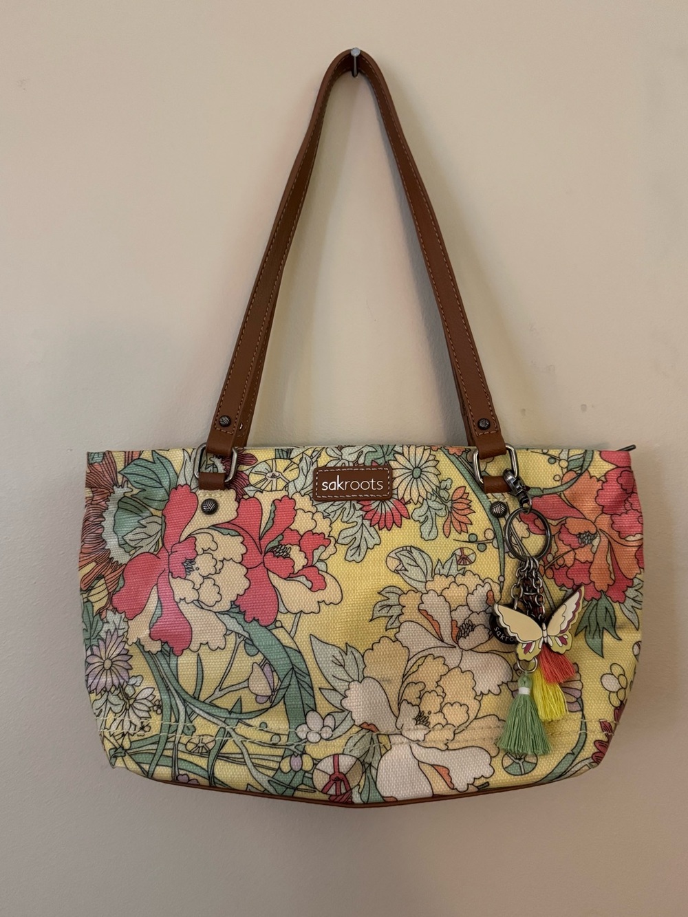 Sakroots Floral Multicolor Shoulder Bag Sunshine Yellow Boho Butterfly Bag Charm